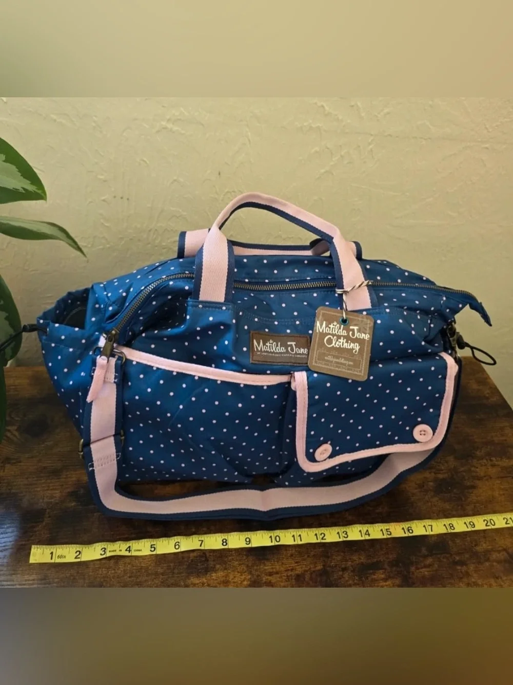 Matilda Jane Navy Polka Dot Baby Bag with Pink Trim